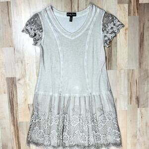 Pretty Angel White Cotton Blend Dress with Gray Lace Details V-Neck Cap Sleeve